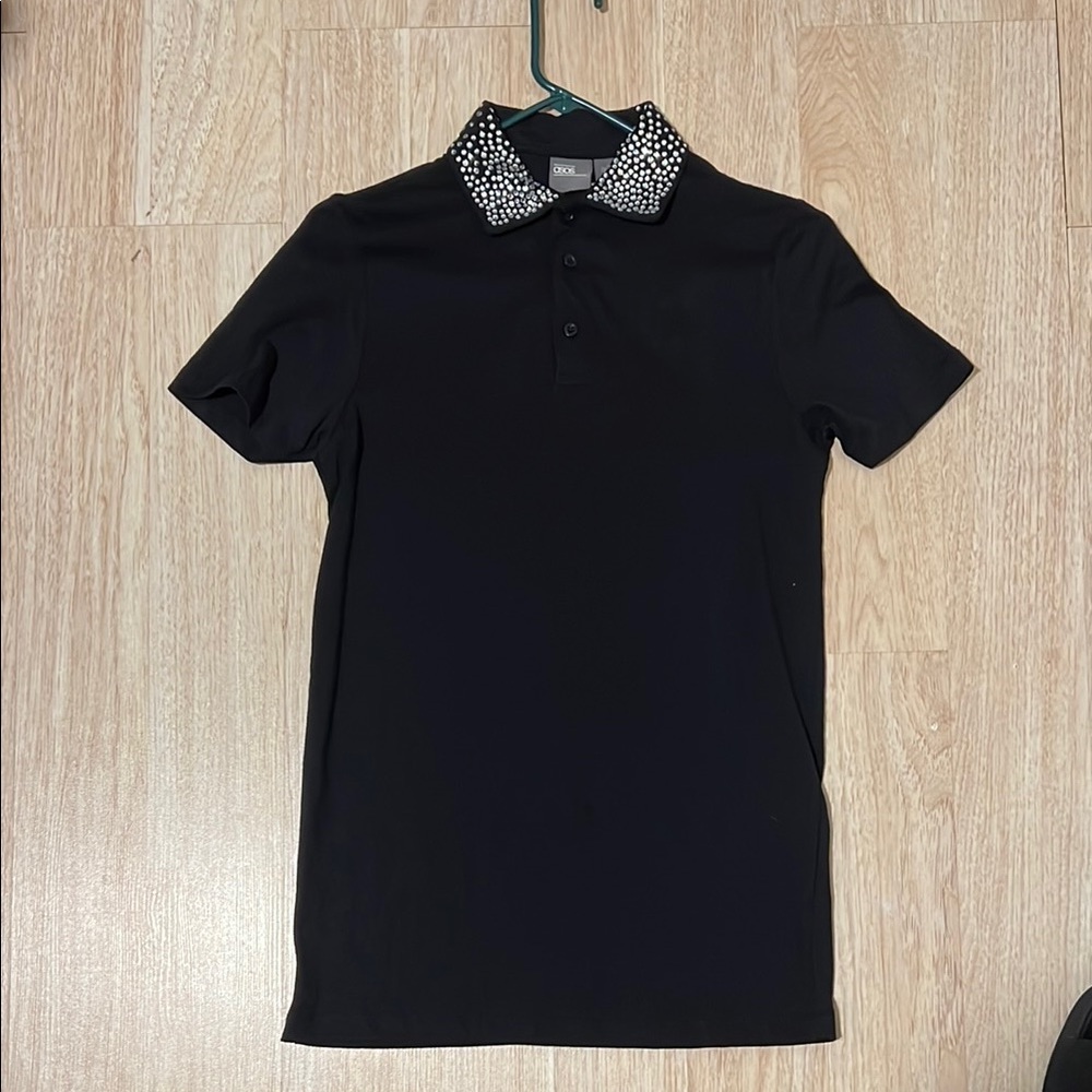 ASOS Black Polo Shirt with Embellished Collar
